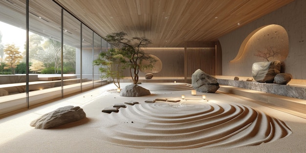 Vista desde el interior con estilo inspirado en el zen en el interior de la casa de jardín japonesa