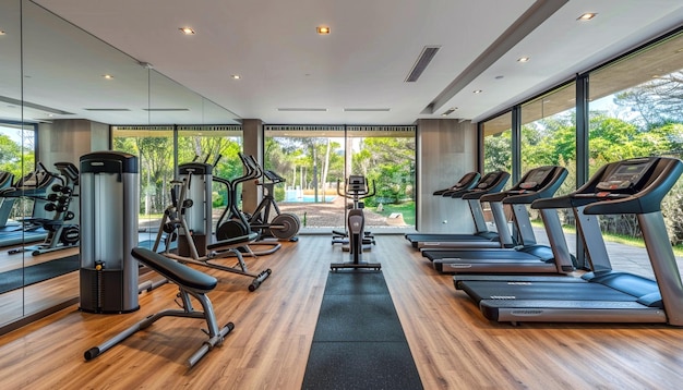 Vista interior de un gimnasio con equipos