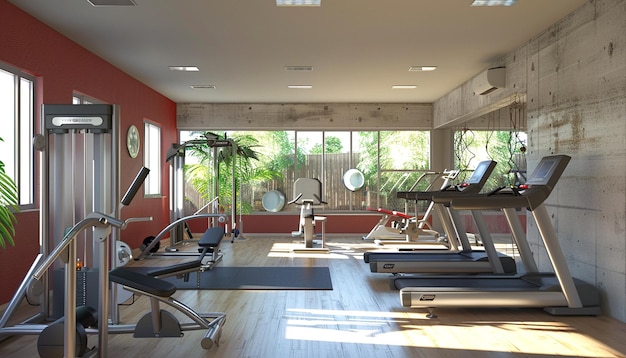 Vista interior de un gimnasio con equipos