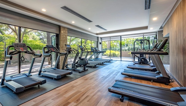 Vista interior de un gimnasio con equipos