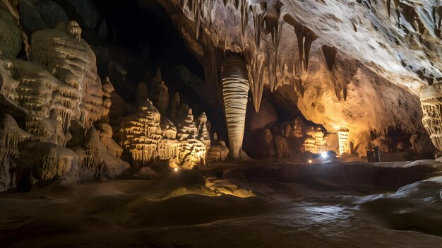 Vista interior de una hermosa cueva cárstica con estalactitas