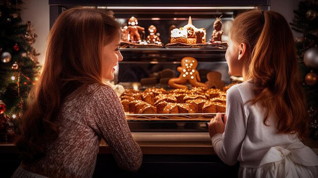 Vista desde el interior del horno mujer e hija esperan ansiosamente la Navidad personas de pan de jengibre