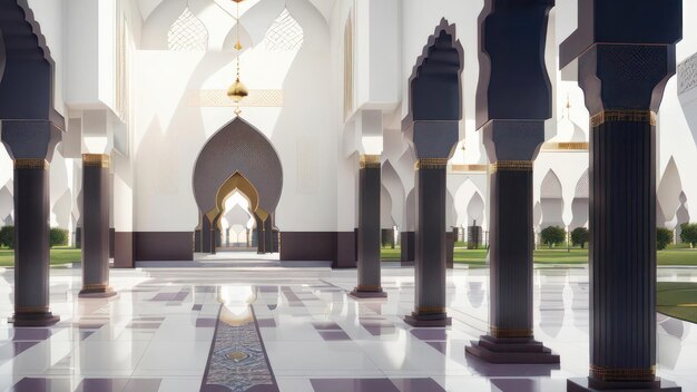 Una vista del interior de una mezquita con columnas y un césped verde.