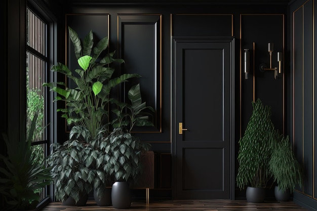 Una vista interior de una oficina con un escritorio de madera negra y una estantería con varias plantas en maceta que le dan un toque natural al espacio IA generativa