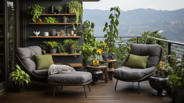 Vista interior de la terraza de la casa moderna con silla de madera y planta verde.