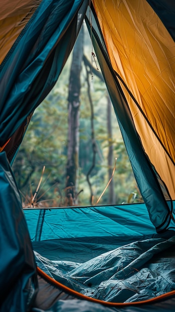 Vista desde el interior de una tienda en un bosque Concepto de aventura y viaje Diseño para equipos al aire libre