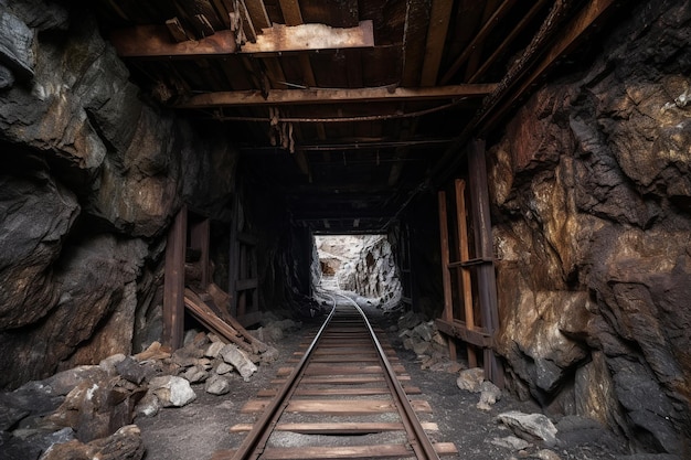 Vista interior del túnel de la mina Ai Cave con ferrocarril