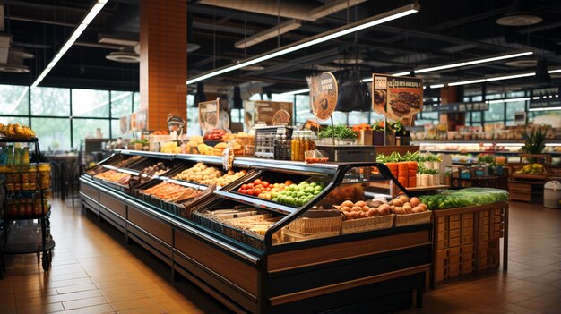 Vista interna completa do supermercado da mercearia