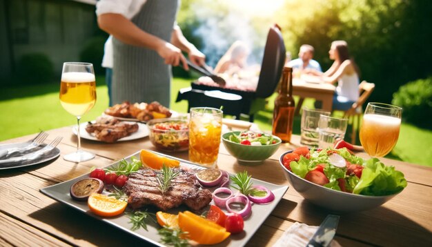 Vista íntima da festa de churrasco de verão com configuração detalhada da mesa