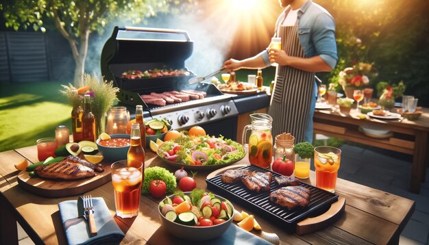 Vista íntima da festa de churrasco de verão com configuração detalhada da mesa