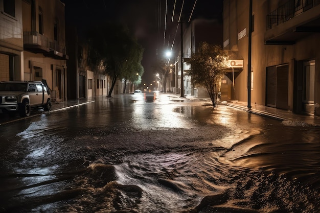 Vista de una inundación repentina corriendo por el medio de una calle desierta en la noche