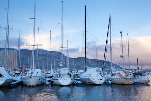 Vista invernal de un puerto deportivo en Trondheim