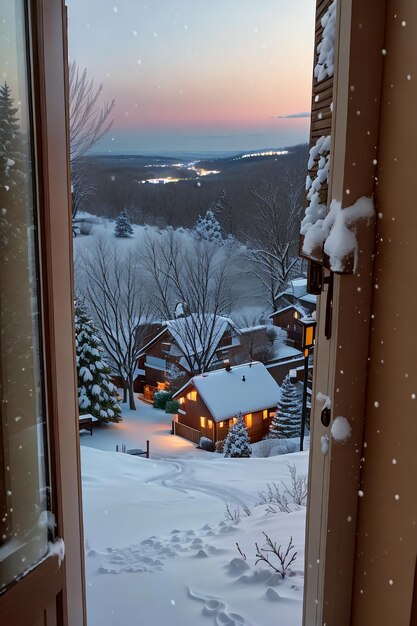 Foto vista del invierno desde fuera de las ventanas