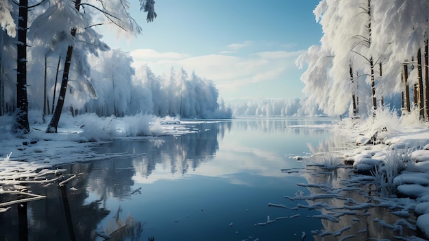 Vista de invierno en el lago