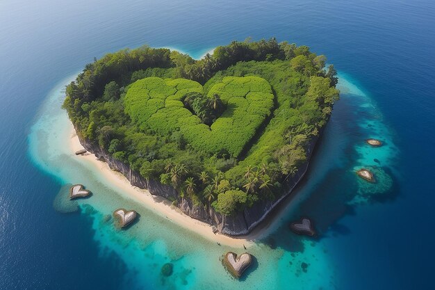 Vista de la isla en forma de corazón con vegetación