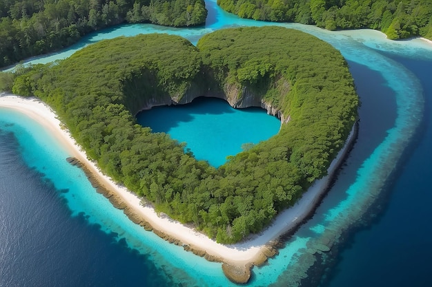 Vista de la isla en forma de corazón con vegetación