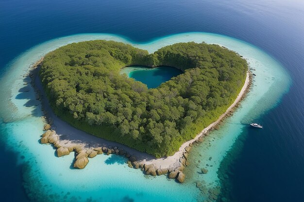 Vista de la isla en forma de corazón con vegetación