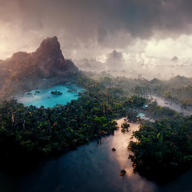 Una vista de una isla tropical con una montaña al fondo.