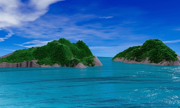 Vista de las islas del mar y el cielo azul nubes blancas renderización 3D