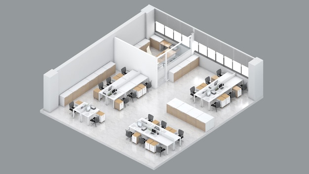 Vista isométrica de un área de oficina y representación 3d de sala de gerente