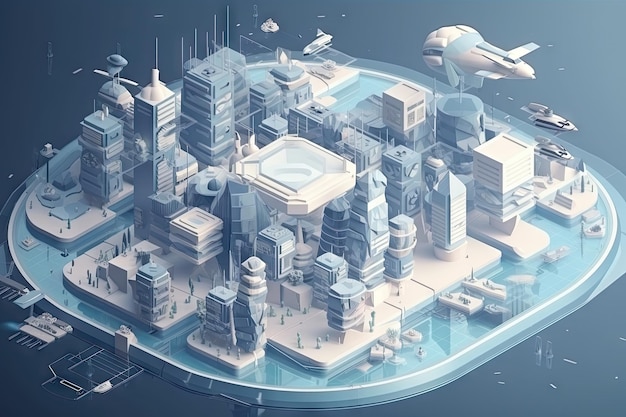 Vista isométrica de la ciudad futurista con autos voladores y edificios flotantes creados con ai generativa