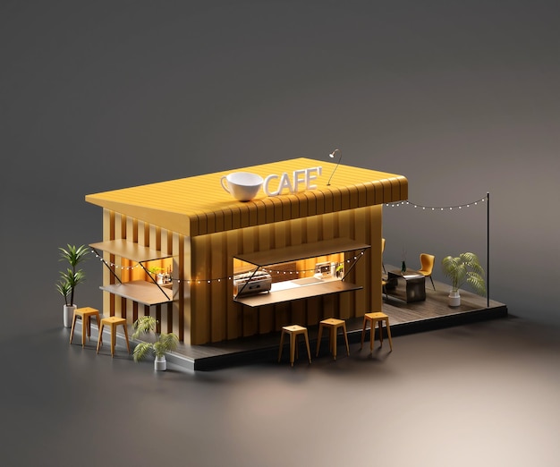 Vista isométrica contenedor minimalista de cafetería y restaurante arquitectura exterior renderización de arte digital en 3D