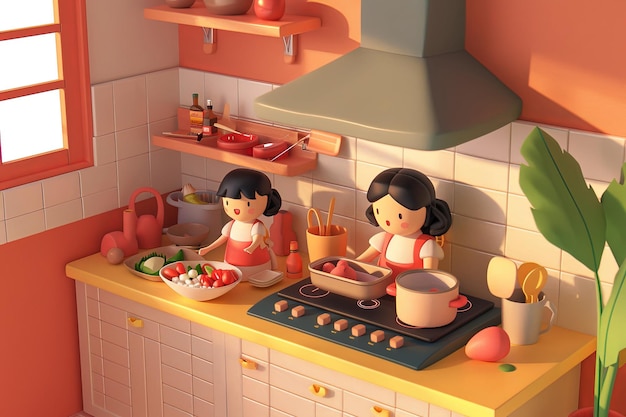Vista isométrica de mãe e filha cozinhando na cozinha
