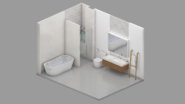 Vista isométrica de uma renderização 3d de área de banheiro residencial