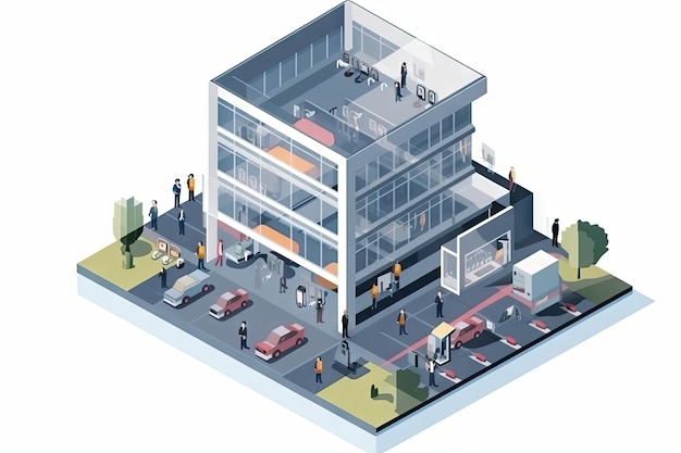 Foto vista isométrica do prédio de escritórios moderno com pessoas e tecnologia se movendo