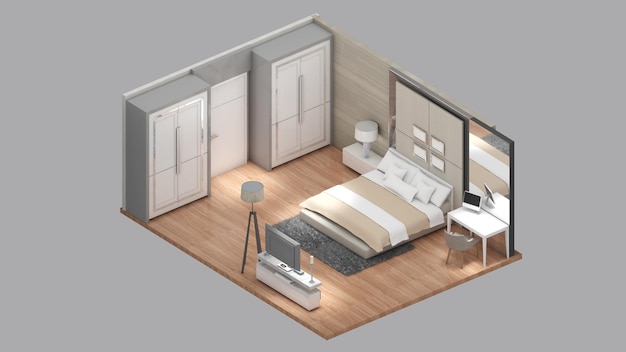 Vista isométrica de un dormitorio principal área residencial renderizado en 3D