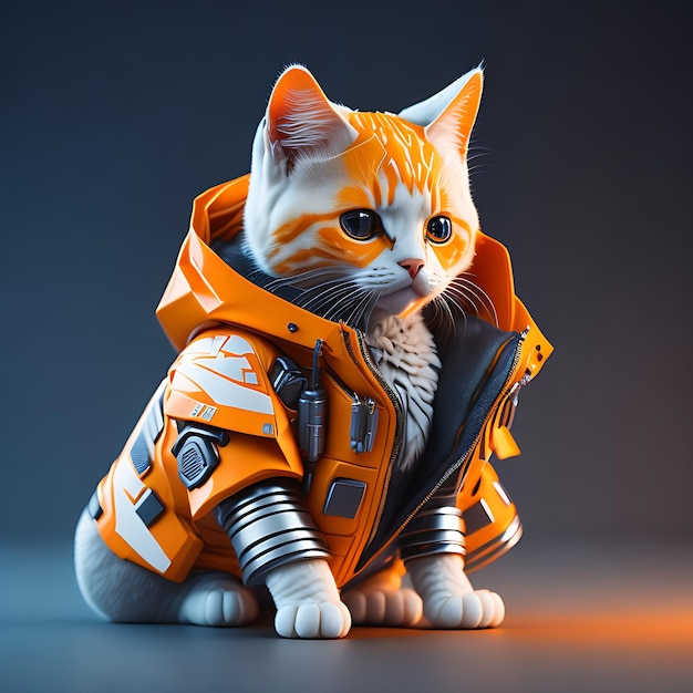 Vista isométrica hiperrealista do gato soldado futurista com jaqueta cyberpunk em fundo de gradiente branco