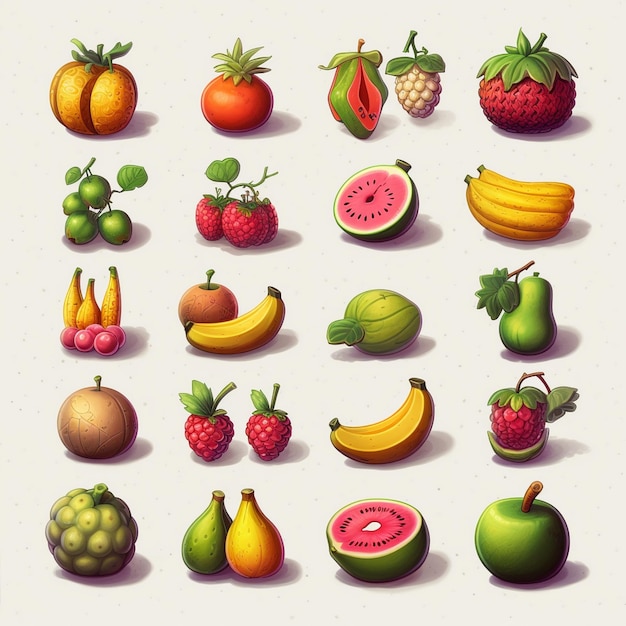 Foto vista isométrica de los iconos de la fruta del activo del juego