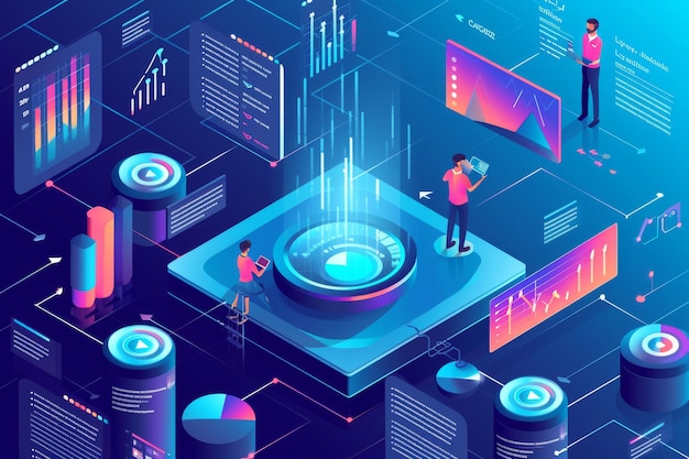 vista isométrica marketing digital análisis de datos informe de visión motor de búsqueda y ciencia de datos en las redes sociales IA generada