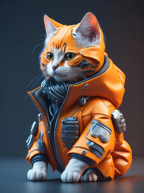 vista isométrica de un MINI lindo hiperrealista gato soldado futurista que lleva una chaqueta cyberpunk ai