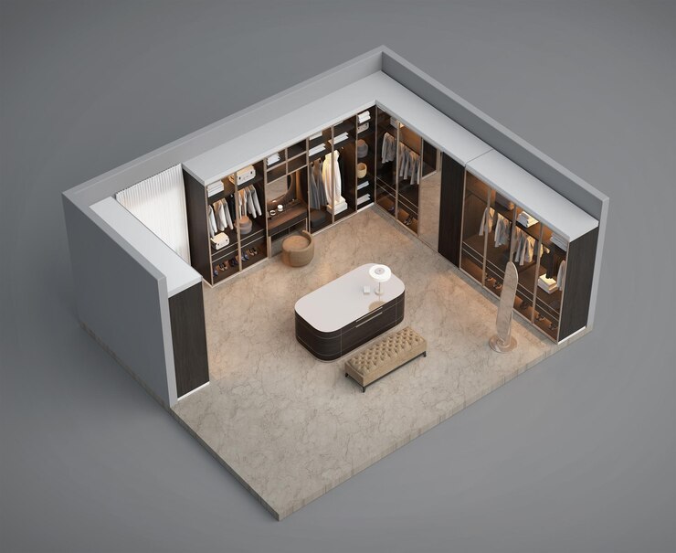 Vista isométrica del paseo de lujo en el interior del armario con elementos de madera y oro3d rendering