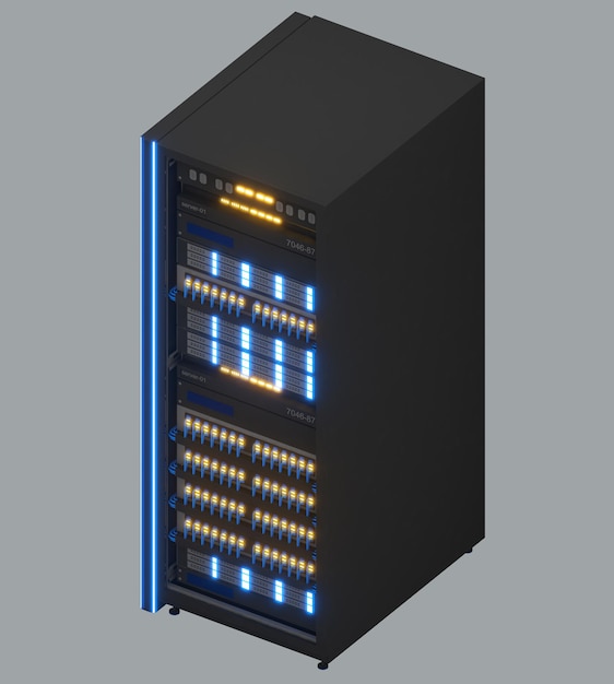 Vista isométrica de un rack de servidoresCentro de datos y tecnología de conectividad de datosRepresentación 3d