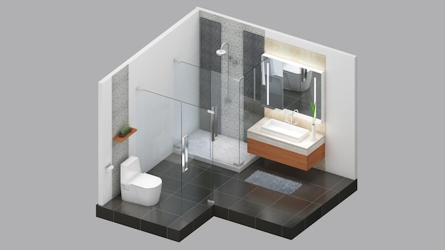 Vista isométrica de una representación 3d del área residencial del baño