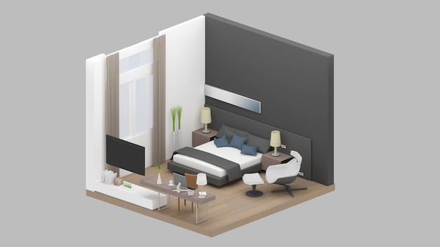 Vista isométrica de una representación 3d del área residencial del dormitorio