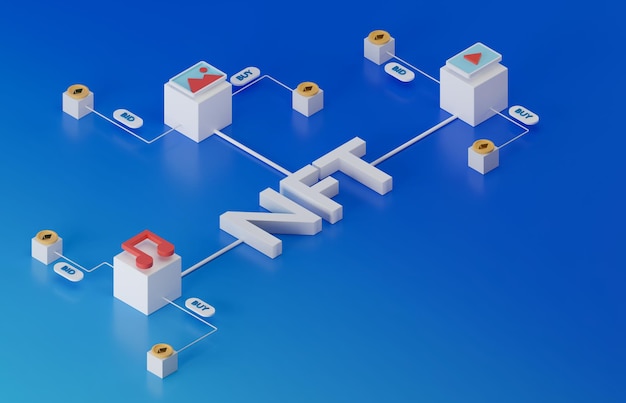 Vista isométrica de representación 3D de nft o no fungible Token Concept ilustración de tecnología blockchain