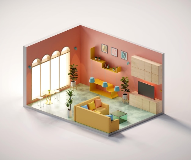 Vista isométrica de la sala de estar abierta dentro de la arquitectura interior 3D que representa el arte digital