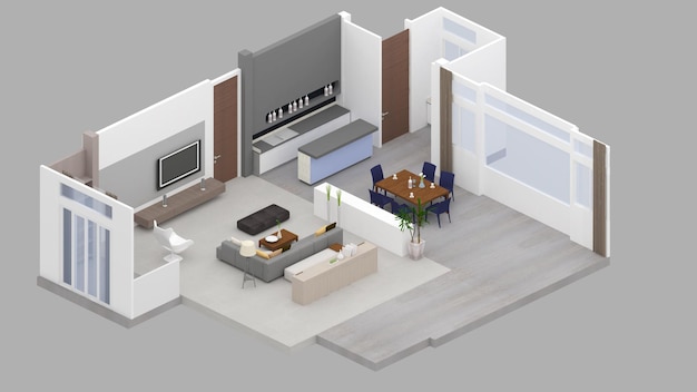 Vista isométrica de una sala de estar y un comedor. Representación 3d del área residencial.