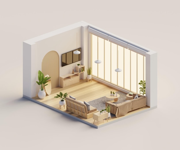 Vista isométrica sala de estar estilo muji abierto dentro de la arquitectura de interiores 3D representación de arte digital