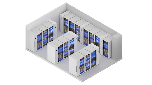 Vista isométrica de una sala de servidores de tamaño pequeñoCentro de datos con varias filas de bastidores de servidores completamente operativos Representación 3d
