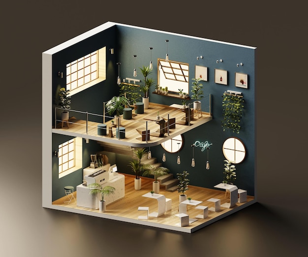 Vista isométrica tienda de café mínima abierta dentro de arquitectura interior renderizado 3d