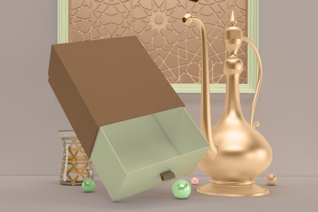 Vista izquierda de la caja de regalo en el fondo temático de Ramadán