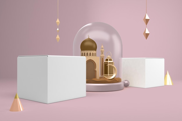Vista izquierda de cajas en fondo temático de Ramadán