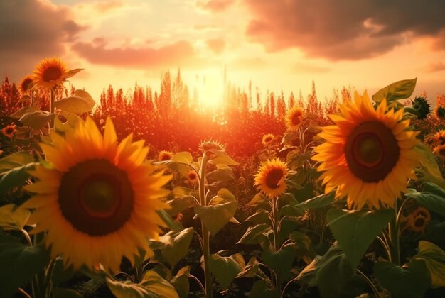 La vista del jardín de girasoles con la belleza del amanecer en el ai generativo de la mañana.