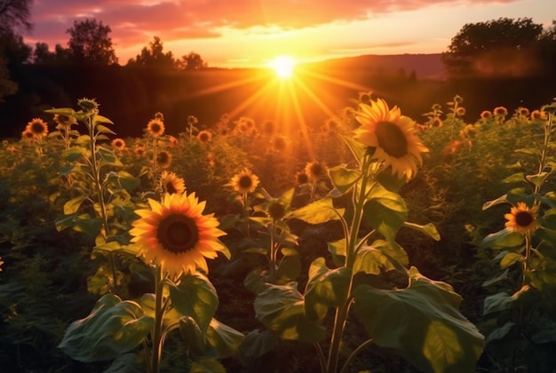 La vista del jardín de girasoles con la belleza del amanecer en el ai generativo de la mañana.