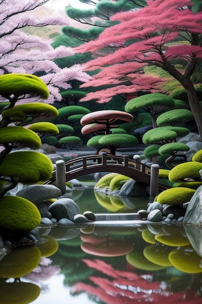 Foto vista del jardín japonés desde el porche