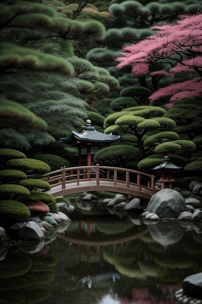 Foto vista del jardín japonés desde el porche